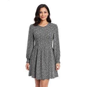 Black & White Printed Long Sleeve Fit-and-Flare Dress